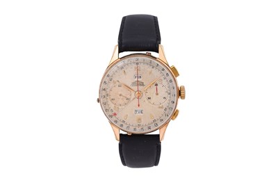 Lot 99 - A VINTAGE MEN'S ANGELUS GOLD PLATED MANUAL CHRONOGRAPH, TRIPLE CALENDAR WRISTWATCH.