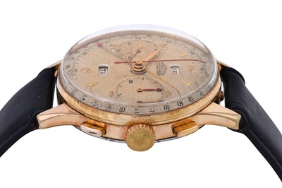 Lot 99 - A VINTAGE MEN'S ANGELUS GOLD PLATED MANUAL CHRONOGRAPH, TRIPLE CALENDAR WRISTWATCH.