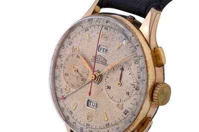 Lot 99 - A VINTAGE MEN'S ANGELUS GOLD PLATED MANUAL CHRONOGRAPH, TRIPLE CALENDAR WRISTWATCH.