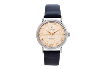 Lot 74 - A MEN'S UNIVERSAL GENÈVE STAINLESS STEEL AUTOMATIC WRISTWATCH.