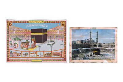 Lot 312 - HAJJ MEMORABILIA: A CHROMOLITHOGRAPHED HAJJ CERTIFICATE AND A COLOURED PRINT OF KA’BA