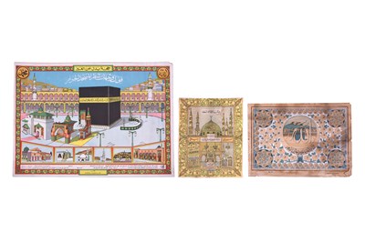 Lot 314 - HAJJ MEMORABILIA: A CHROMOLITHOGRAPHED HAJJ CERTIFICATE AND TWO PRINTS