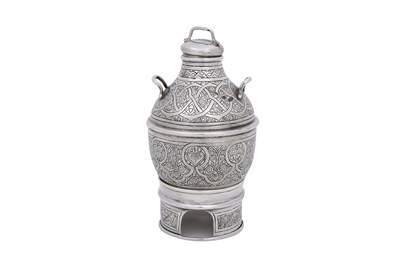 Lot 418 - AN ENGRAVED AND HALLMARKED EGYPTIAN SILVER INCENSE BURNER WITH BASE