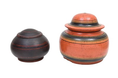 Lot 9 - TWO INDIAN VERMILLION RED-LACQUERED WOODEN DOWRY JARS