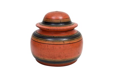 Lot 9 - TWO INDIAN VERMILLION RED-LACQUERED WOODEN DOWRY JARS