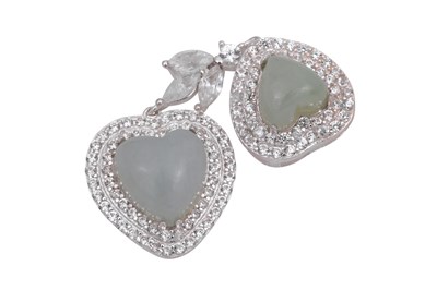 Lot 7 - A JADEITE AND ZIRCON-SET SILVER DOUBLE HEART PENDANT