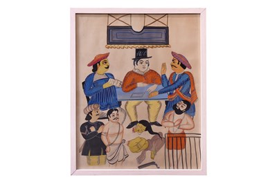 Lot 169 - A DAY IN COURT: A LARGE KALIGHAT PAINTING OF A EUROPEAN JUDGE DURING AN AUDIENCE