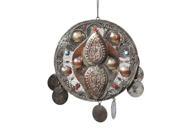 Lot 367 - THREE DRUZE BRIDAL HEADDRESSES (TANTOUR / TARBUSH) WITH SILVER COINS AND FILIGREE