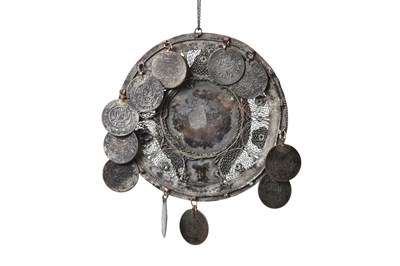Lot 367 - THREE DRUZE BRIDAL HEADDRESSES (TANTOUR / TARBUSH) WITH SILVER COINS AND FILIGREE