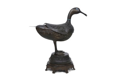 Lot 370 - A ZAND-STYLE QAJAR DUCK-SHAPED BRASS INCENSE BURNER