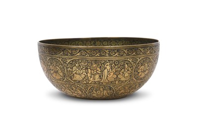 Lot 374 - AN ENGRAVED JA'FAR-STYLE BRASS DRINKING BOWL