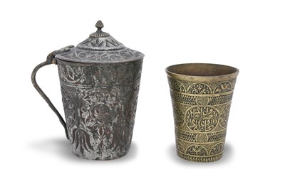 Lot 398 - A TINNED COPPER LIDDED TANKARD AND A MAMLUK-REVIVAL BRASS BEAKER