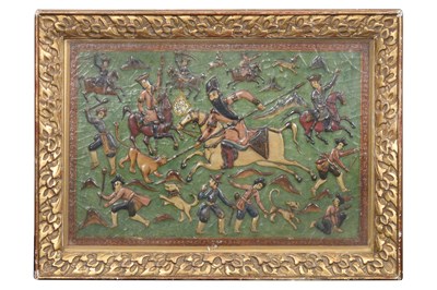 Lot 385 - A LARGE QAJAR POLYCHROME-PAINTED AND LACQUERED PAPIER-MÂCHÉ PANEL WITH FATH' ALI SHAH HUNTING