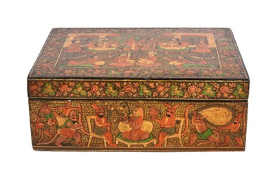 Lot 318 - A POLYCHROME-PAINTED LACQUERED PAPIER-MACHÉ KASHMIRI LIDDED BOX