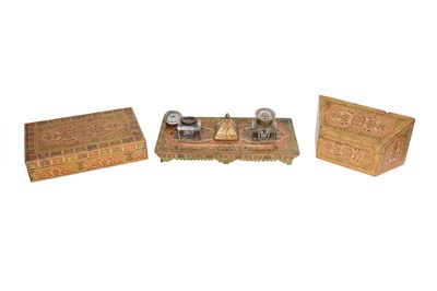 Lot 317 - A POLYCHROME-PAINTED LACQUERED PAPIER-MÂCHÉ KASHMIRI WRITING DESK SET