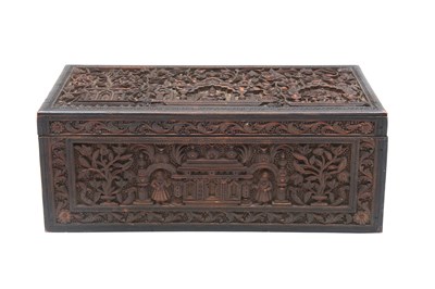 Lot 120 - A DEEPLY CARVED SANDALWOOD LIDDED BOX WITH HINDU TEMPLES, DEITIES, BRAHMINS AND PANDITS