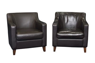 Lot 122 - A PAIR OF BROWN LEATHER ARM CHAIRS.