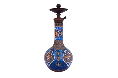 Lot 425 - A POLYCHROME ENAMELLED CLEAR BLUE GLASS HUQQA BASE