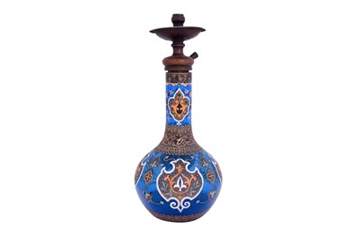 Lot 425 - A POLYCHROME ENAMELLED CLEAR BLUE GLASS HUQQA BASE