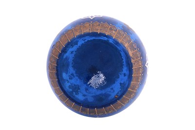 Lot 425 - A POLYCHROME ENAMELLED CLEAR BLUE GLASS HUQQA BASE