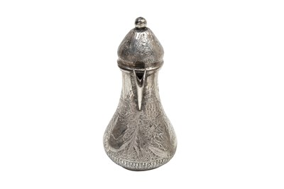 Lot 241 - A CHASED EGYPTIAN SILVER COFFEE POT AND FOUR ENGRAVED SILVER ZARF CUPS