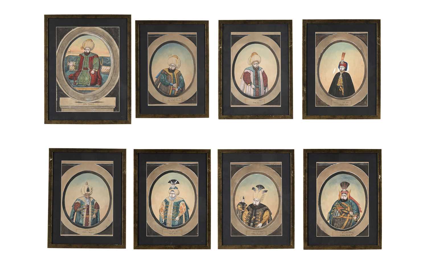 Lot 89 - EIGHT WATERCOLOUR PORTRAITS OF OTTOMAN SULTANS