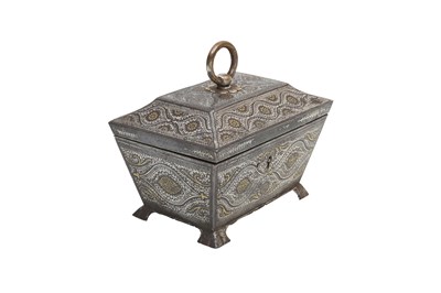 Lot 132 - A SILVER AND GOLD-DAMASCENED (KOFTGARI) STEEL JEWELLERY CASKET