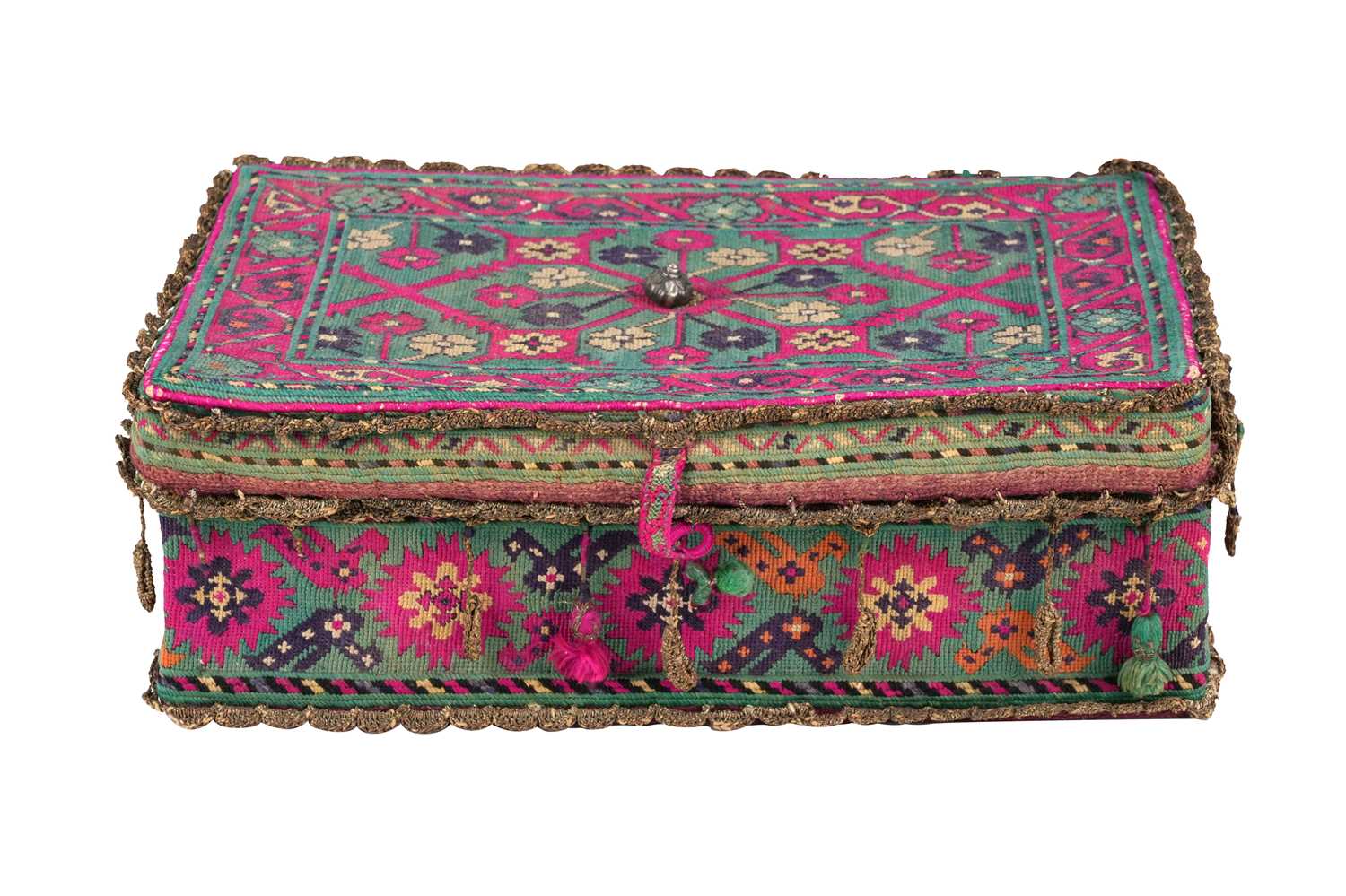 Lot 66 - A QAJAR POLYCHROME-COTTON WOVEN QUR’AN BOX