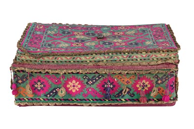 Lot 66 - A QAJAR POLYCHROME-COTTON WOVEN QUR’AN BOX
