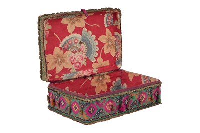 Lot 66 - A QAJAR POLYCHROME-COTTON WOVEN QUR’AN BOX