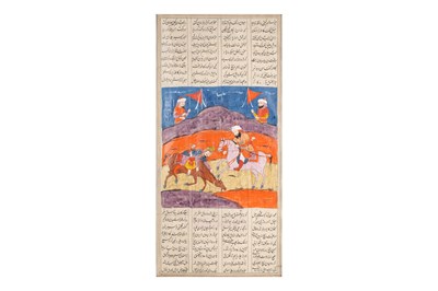 Lot 48 - A LARGE ILLUSTRATED LOOSE FOLIO FROM A SHAHNAMA SERIES: RUSTAM SLAYING ESFANDIYAR