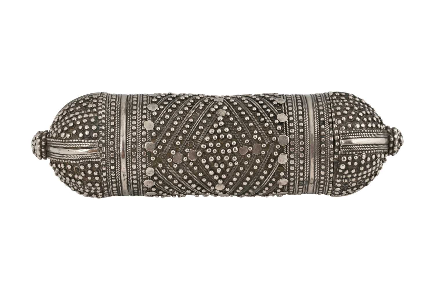 Lot 55 - A YEMENI SILVER AMULET SCROLL HOLDER (HIRZ OR K'TAB)