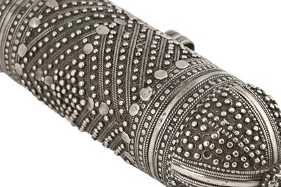 Lot 55 - A YEMENI SILVER AMULET SCROLL HOLDER (HIRZ OR K'TAB)