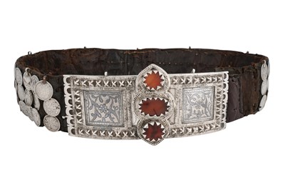Lot 75 - A KABARDIAN CIRCASSIAN LEATHER BELT WITH RUSSIAN SILVER COINS AND A SILVER AND NIELLO BUCKLE