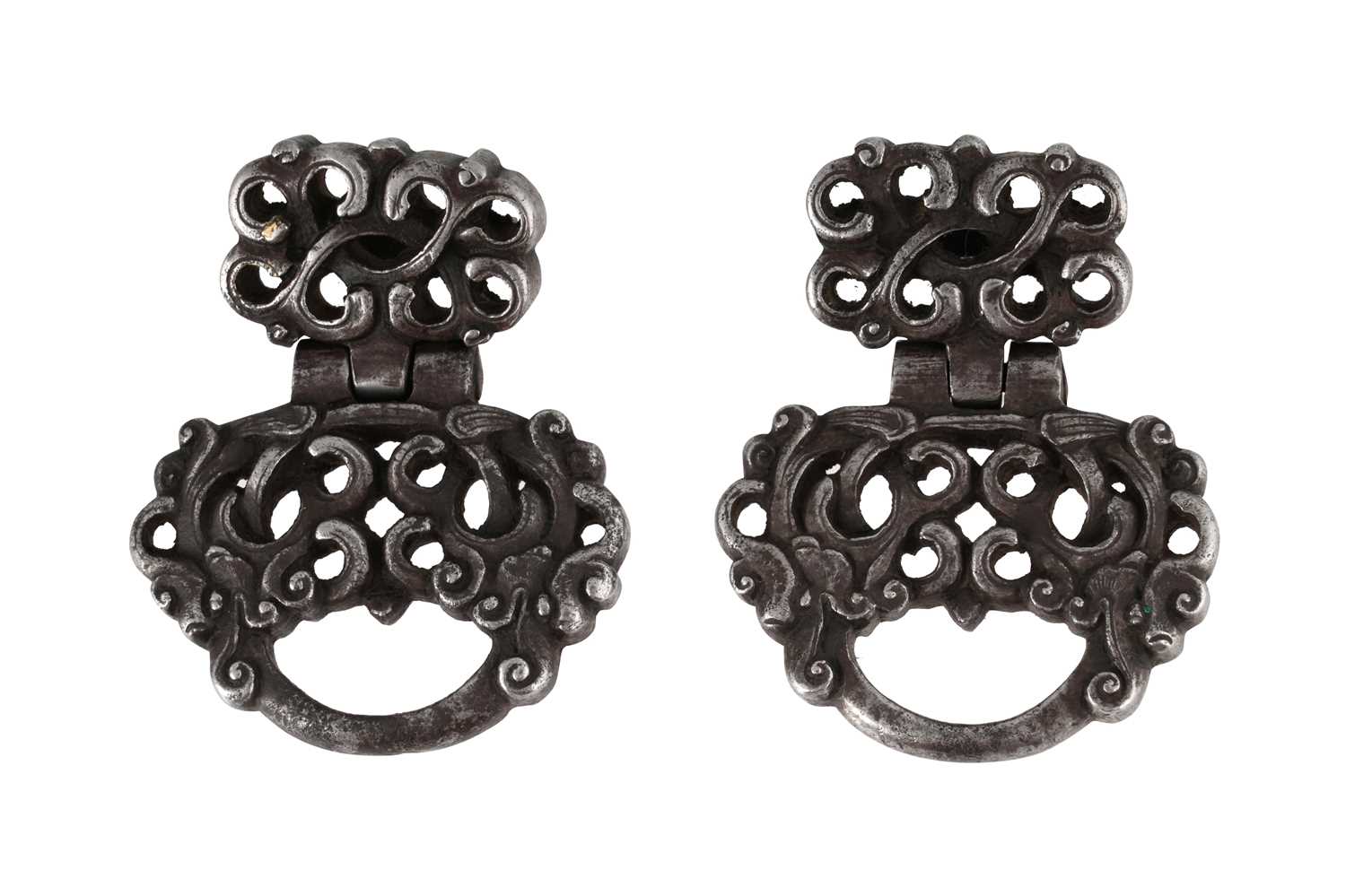 Lot 98 - TWO OPENWORK STEEL BELT FITTINGS WITH DRAGON HEADS
