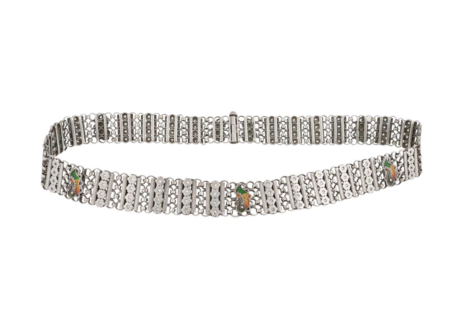 Lot 164 - AN INDIAN SILVER BELT WITH ENAMELLED PEACOCKS