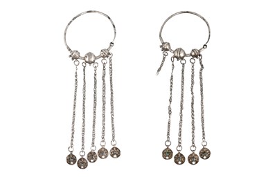 Lot 46 - A PAIR OF LARGE TARABIN BEDOUIN SILVER HOOP EARRINGS WITH CHAINLETS AND PENDANTS