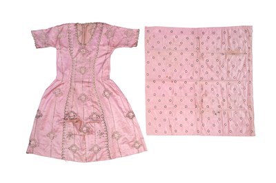 Lot 82 - AN IRAQI CUSTOM-MADE PINK SATIN SILK BRIDAL DRESS AND SQUARE COVER