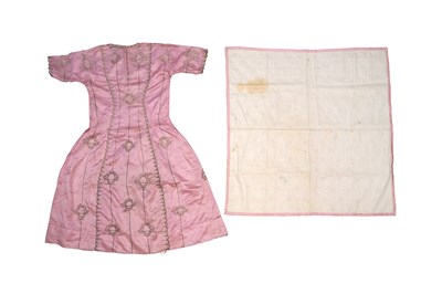 Lot 82 - AN IRAQI CUSTOM-MADE PINK SATIN SILK BRIDAL DRESS AND SQUARE COVER