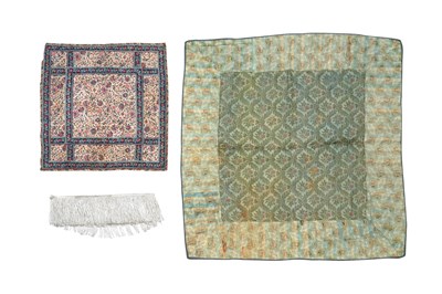Lot 106 - TWO SQUARE PANELS AND A LENGTH OF SILVER TASSEL
