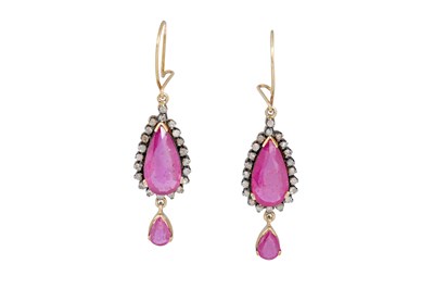 Lot 81 - A PAIR OF GOLD PLATED RUBY AND DIAMOND-SET EARRINGS