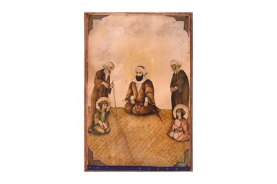 Lot 202 - A LOOSE QAJAR ALBUM PAGE WITH SHI'A ICONOGRAPHY: IMAM 'ALI AND HIS SONS