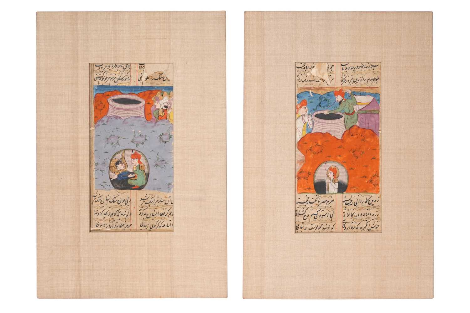 Lot 9 - TWO ILLUSTRATED LOOSE FOLIOS FROM A JAMI’S YUSUF WA ZULAIKHA SERIES: YUSUF IN THE WELL