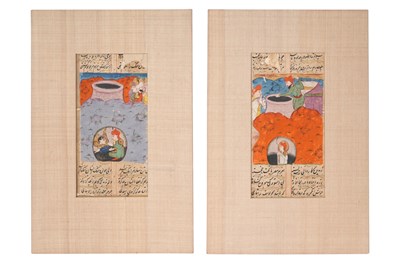Lot 9 - TWO ILLUSTRATED LOOSE FOLIOS FROM A JAMI’S YUSUF WA ZULAIKHA SERIES: YUSUF IN THE WELL