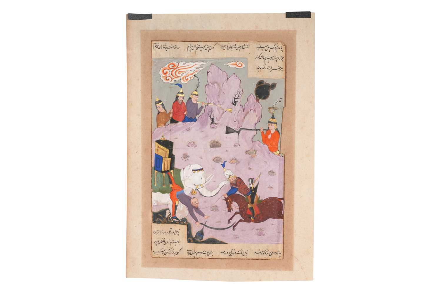 Lot 12 - AN ILLUSTRATED LOOSE FOLIO FROM A FERDOWSI’S SHAHNAMA SERIES: THE HERO RUSTAM AND THE KHAQAN OF CHIN