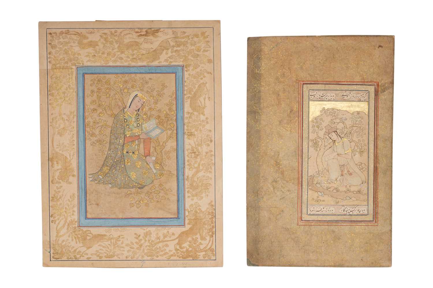 Lot 15 - TWO ARCHAISTIC PORTRAITS OF PERSIAN SAFAVID LADIES IN A GARDEN SETTING