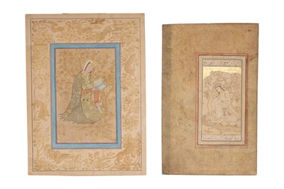 Lot 15 - TWO ARCHAISTIC PORTRAITS OF PERSIAN SAFAVID LADIES IN A GARDEN SETTING