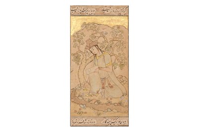Lot 15 - TWO ARCHAISTIC PORTRAITS OF PERSIAN SAFAVID LADIES IN A GARDEN SETTING
