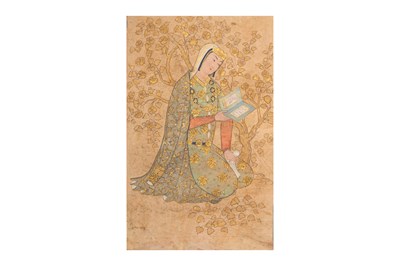 Lot 15 - TWO ARCHAISTIC PORTRAITS OF PERSIAN SAFAVID LADIES IN A GARDEN SETTING