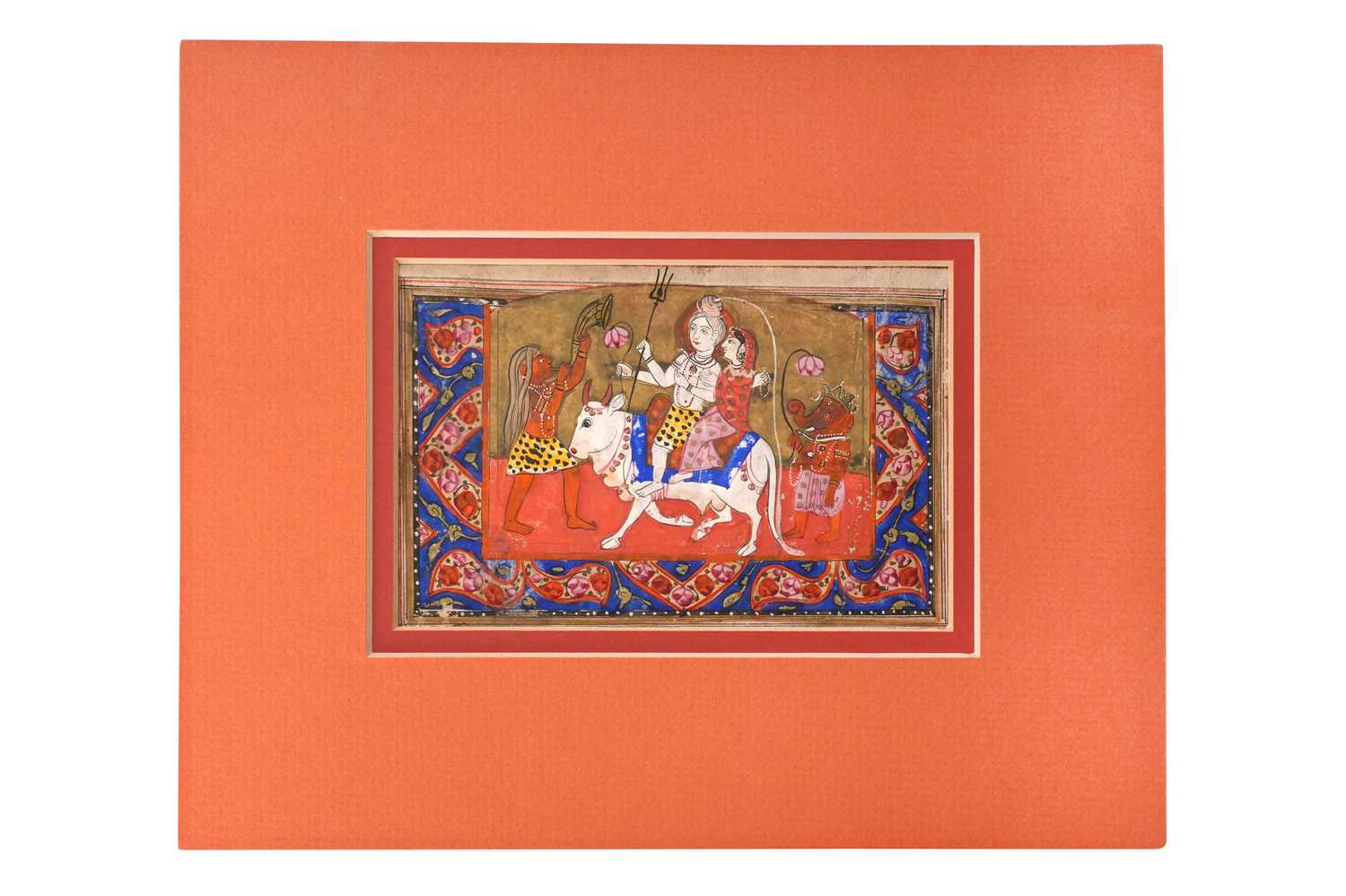 Lot 8 - AN ILLUSTRATED LOOSE FOLIO FROM A KASHMIRI MANUSCRIPT: THE HINDU GOD SHIVA AND HIS FAMILY